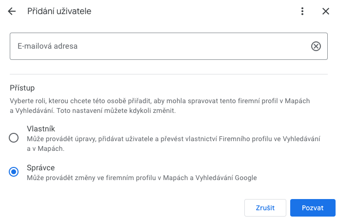 Google Business Profile - nastavení přístupu